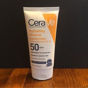 - CeraVe Hydrating Mineral Sunscreen - White and Orange. SPF 50.